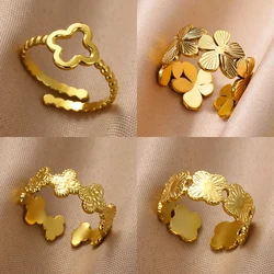 Stainless Steel Flower Rings For Women Gold Color Adjustable Opening Finger Ring Fashion Party Wedding Aesthetic Jewelry Gift