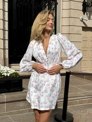Bornladies Printed Long Sleeved Short Dress Women's Summer New Iantern Sleeve Fashionable Office Lady Waist Cinching Dresses