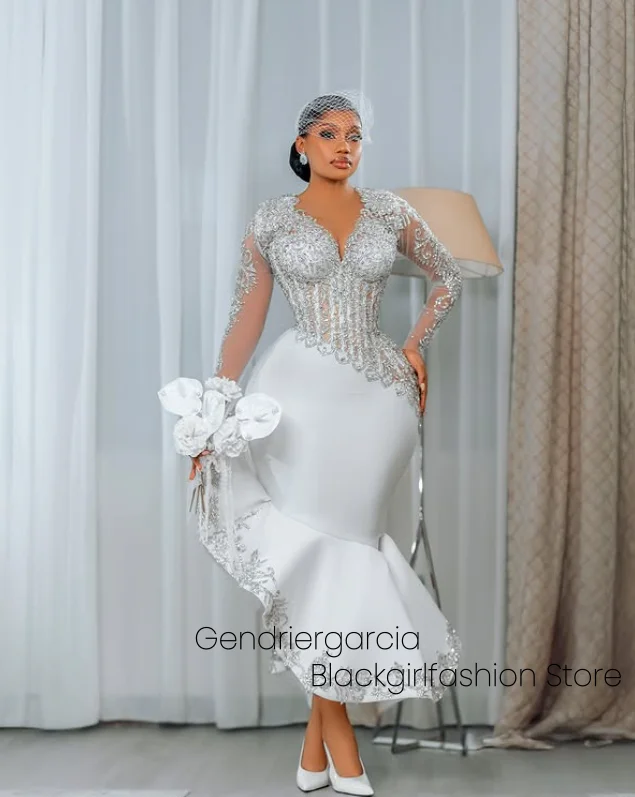 أنيقة الخامس الرقبة فستان الزفاف الأبيض الدانتيل الترتر كم طويل مشد ذيل السمكة غير المتماثلة الكاحل جنوب أفريقيا فستان زفاف مخصص