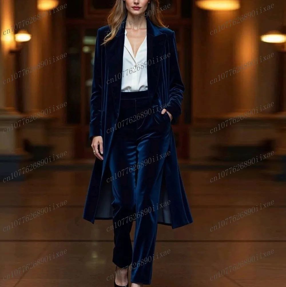 Navy Blue Long Velvet New Women Suits Lady Business Office Mother Wedding Party Formal Ladies 2 Piece Set Jacket Pant