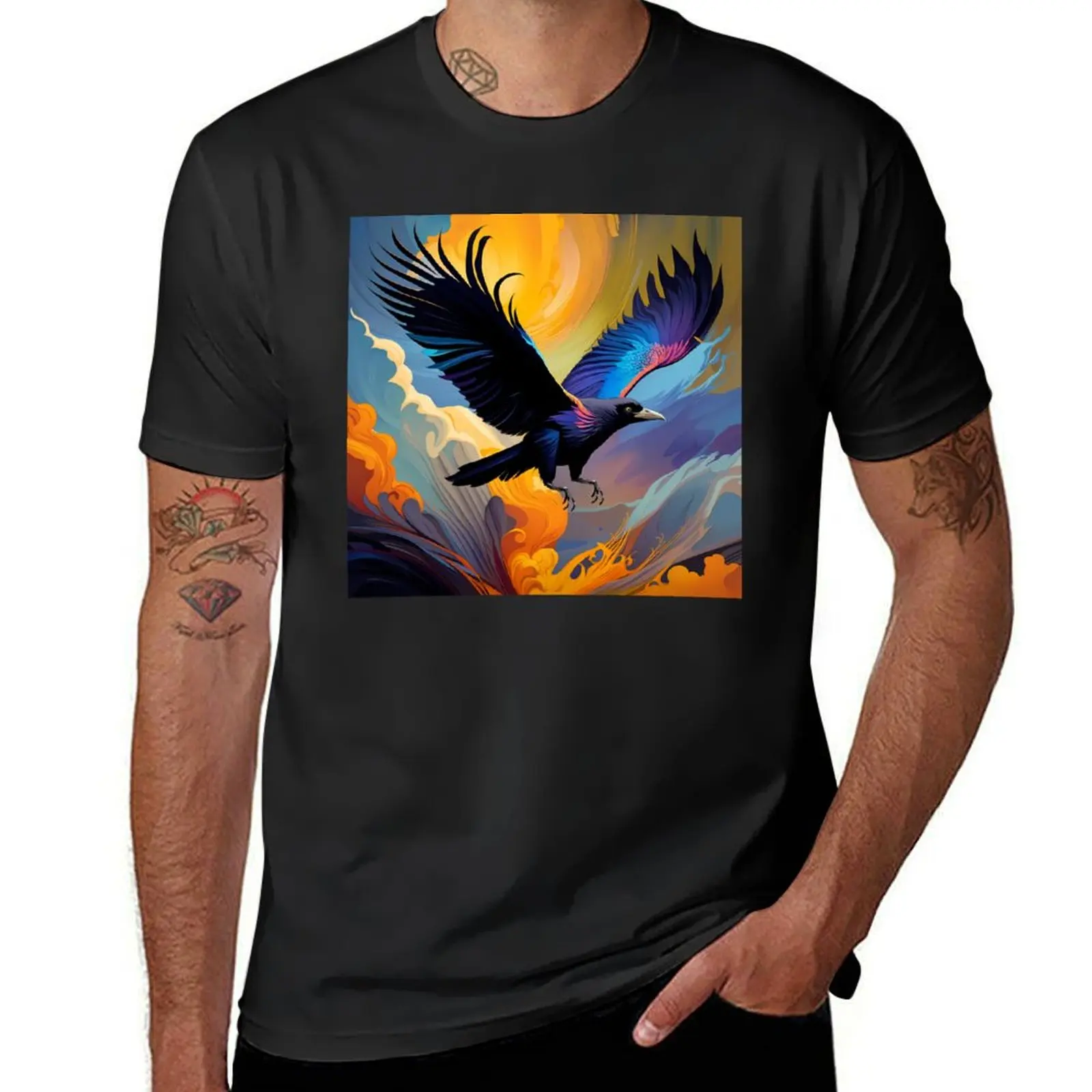 Flying Colourful Raven, Ai Generated Art T-Shirt boys animal print kawaii clothes heavyweight t shirts for men