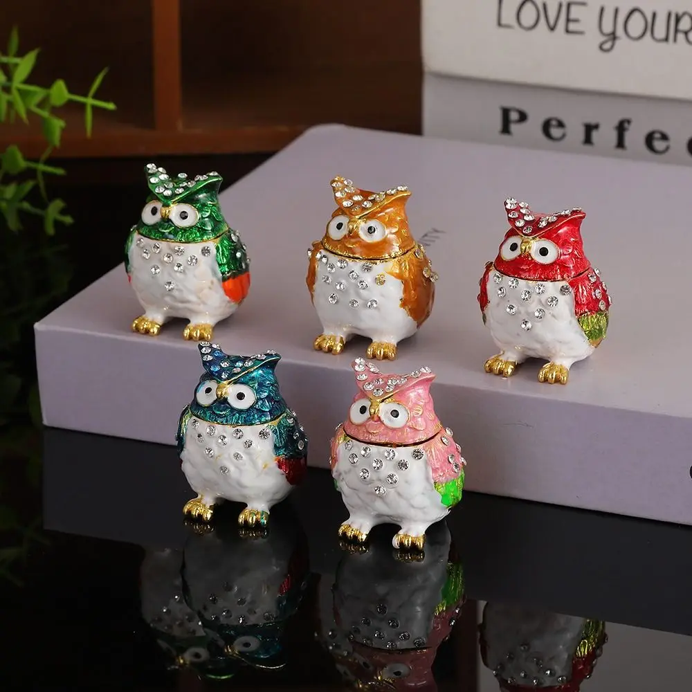 Classic Zinc Alloy Enamel Jewelry Box Home Decor Colorful Owl Storage Box Big Eyes Mini Owl Animal Ornaments Small Valuables