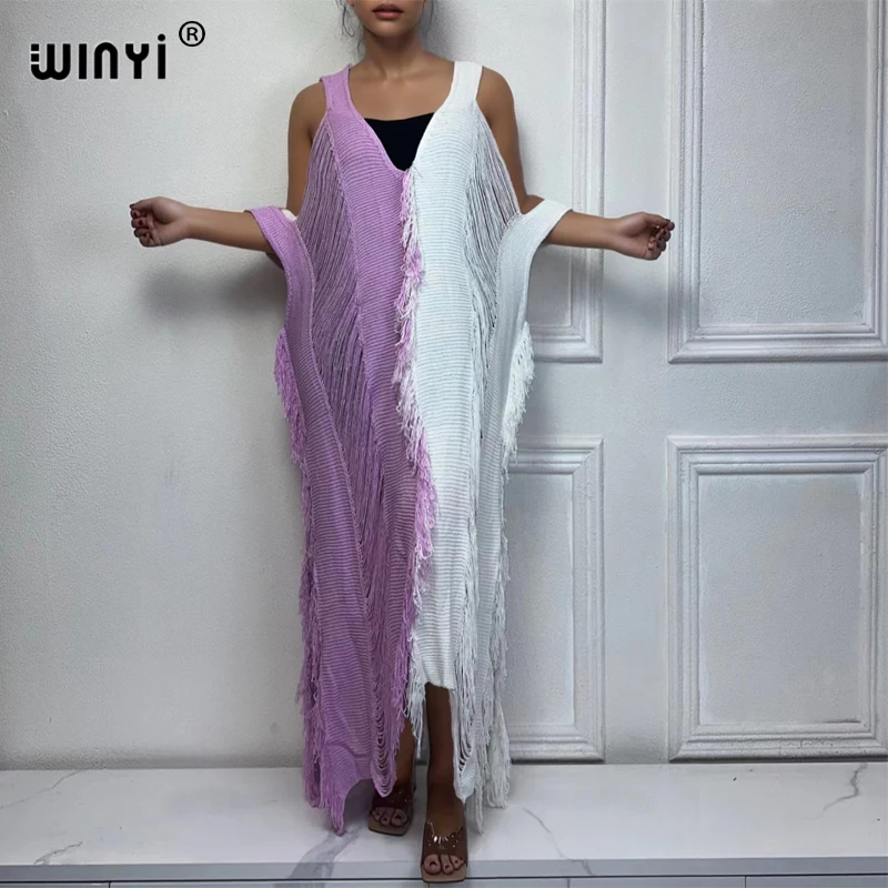 WINYI fashion print summer Knitted hollow sexy dress Evening dress Women Beachwear maxi dress abaya dubai luxury beach cover up