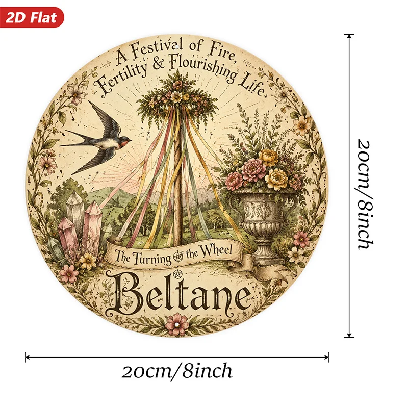 2D Flat, 1pc Beltane Festival Round Metal Sign Wall Art, Beltane Wreath And Ribbons, Fertility And Flourishing Life Text, Floral