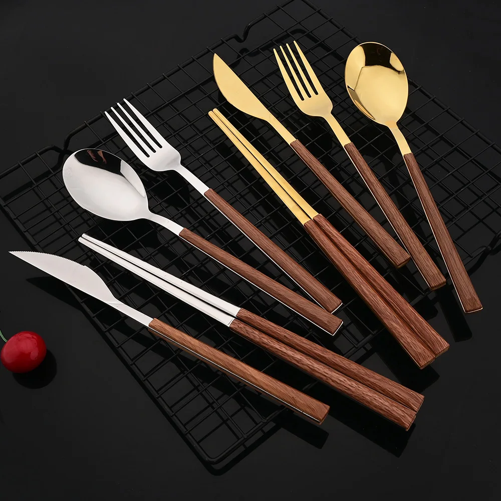 Gold 10Pcs Korean Style Portable Flatware Cutlery Set Imitation Wooden Spoon Chopstick Set Outdoor Travel Camping Tableware Set