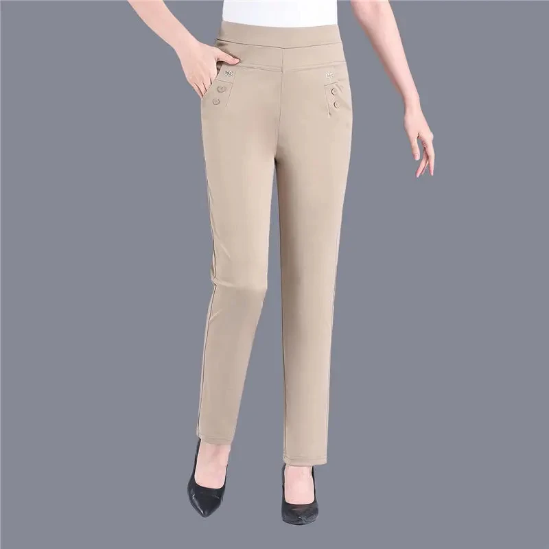 Plus Size Casual Women Elastic Basics Pencil Pants Straight Trousers OL Candy Colors High Waist Ankle-Length Pants Middle-aged