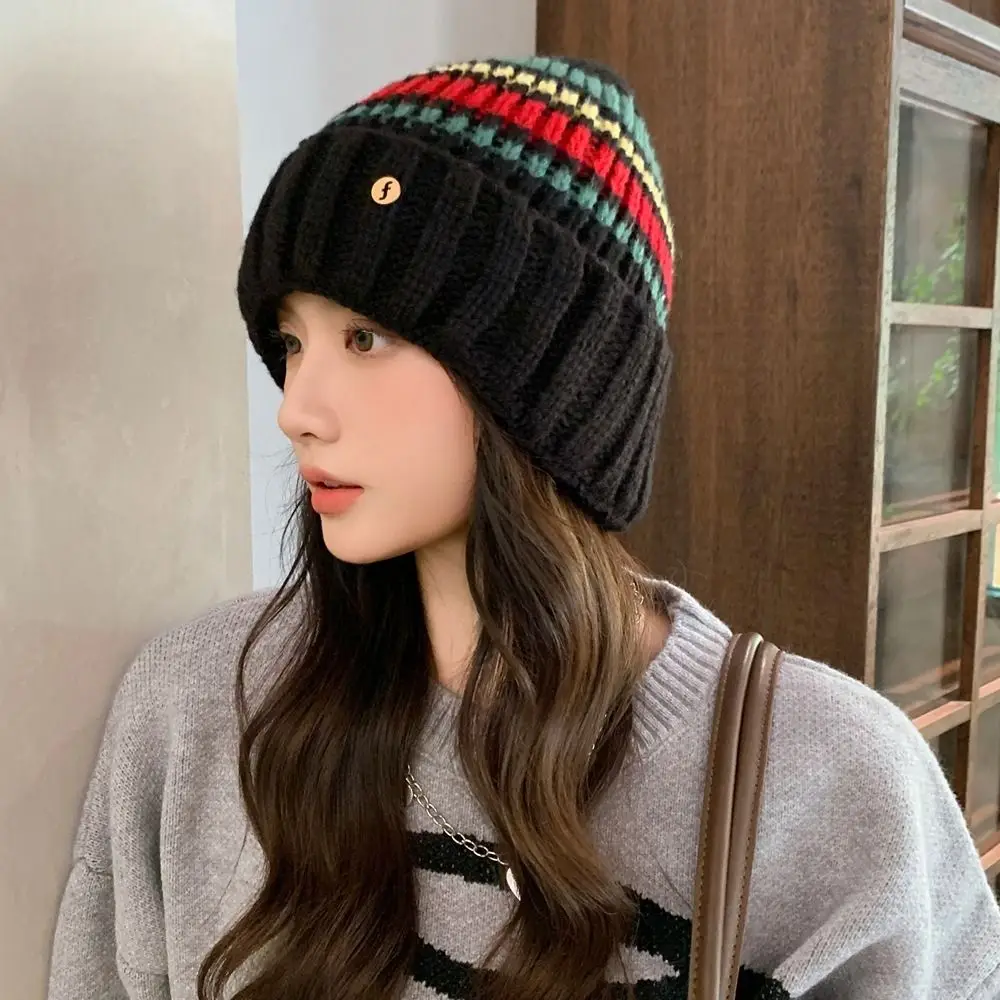 

Vintage Striped Knitted Hat Breathable Korean Style Casual Wool Hat Trendy Coldproof Winter Pullover Hat Spring and Summer