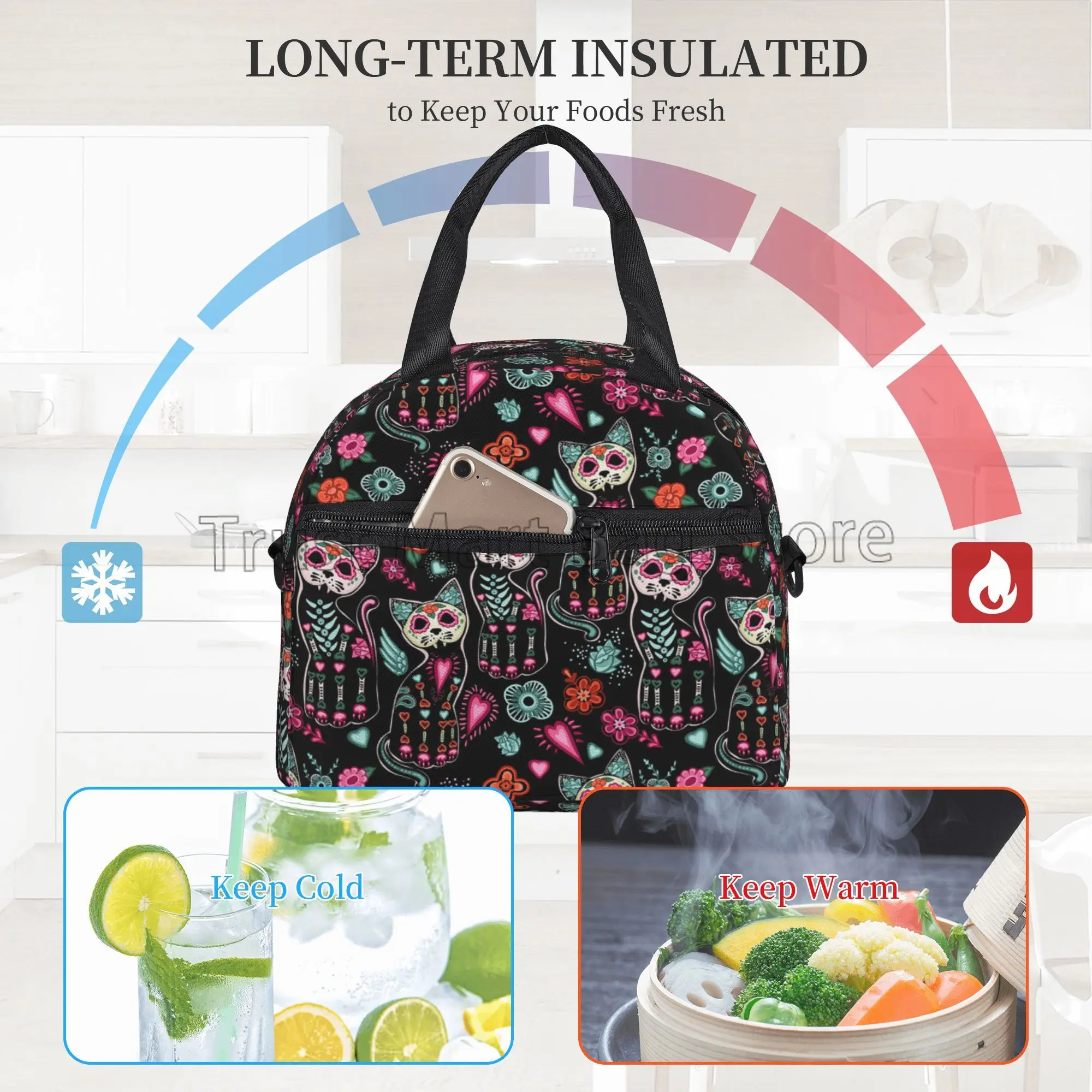 Day of The Dead Cat Kitten Sugar Skull Lunch Bag Reusable Insulated Lunch Box with Shoulder Strap Thermal Cooler Bento Tote Bags