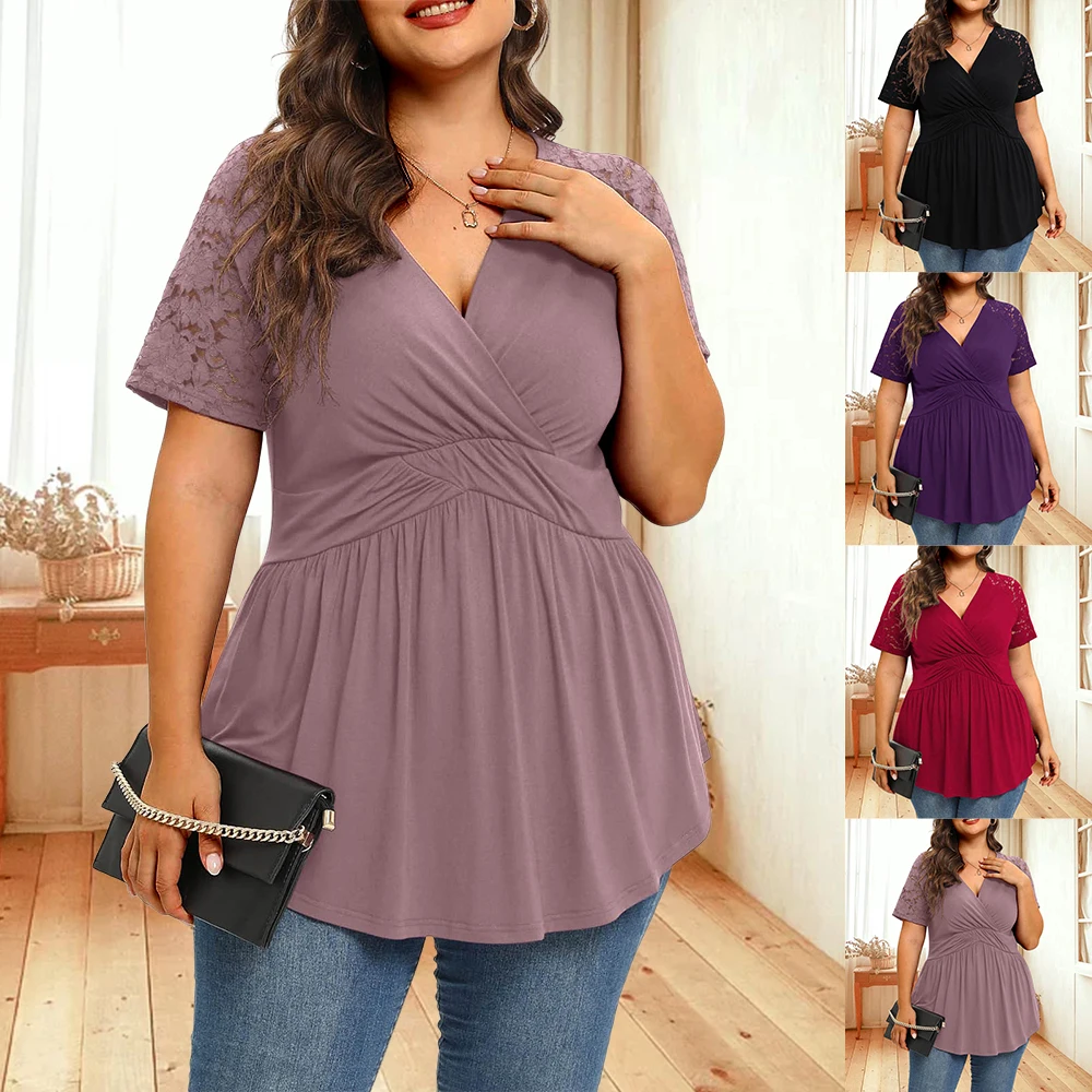 Plus Size XL-5XL T-shirt For Women Summer Casual V-neck Lace Spliced Solid Color Pleated Raglan Short Sleeve Elegant Tops Female