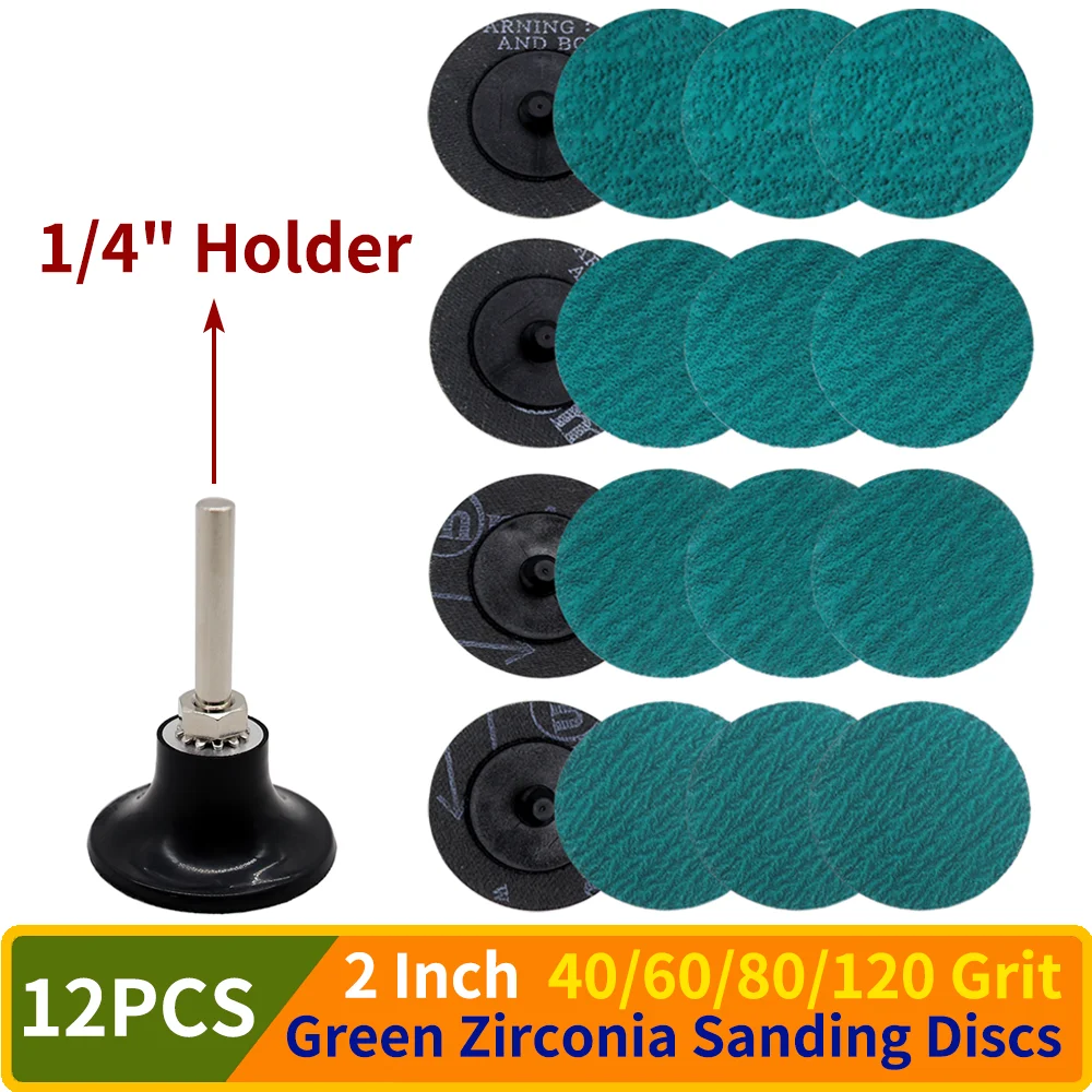 12PCS 2 Inch 577F Quick Change Green Zirconia Sanding Discs with 1/4