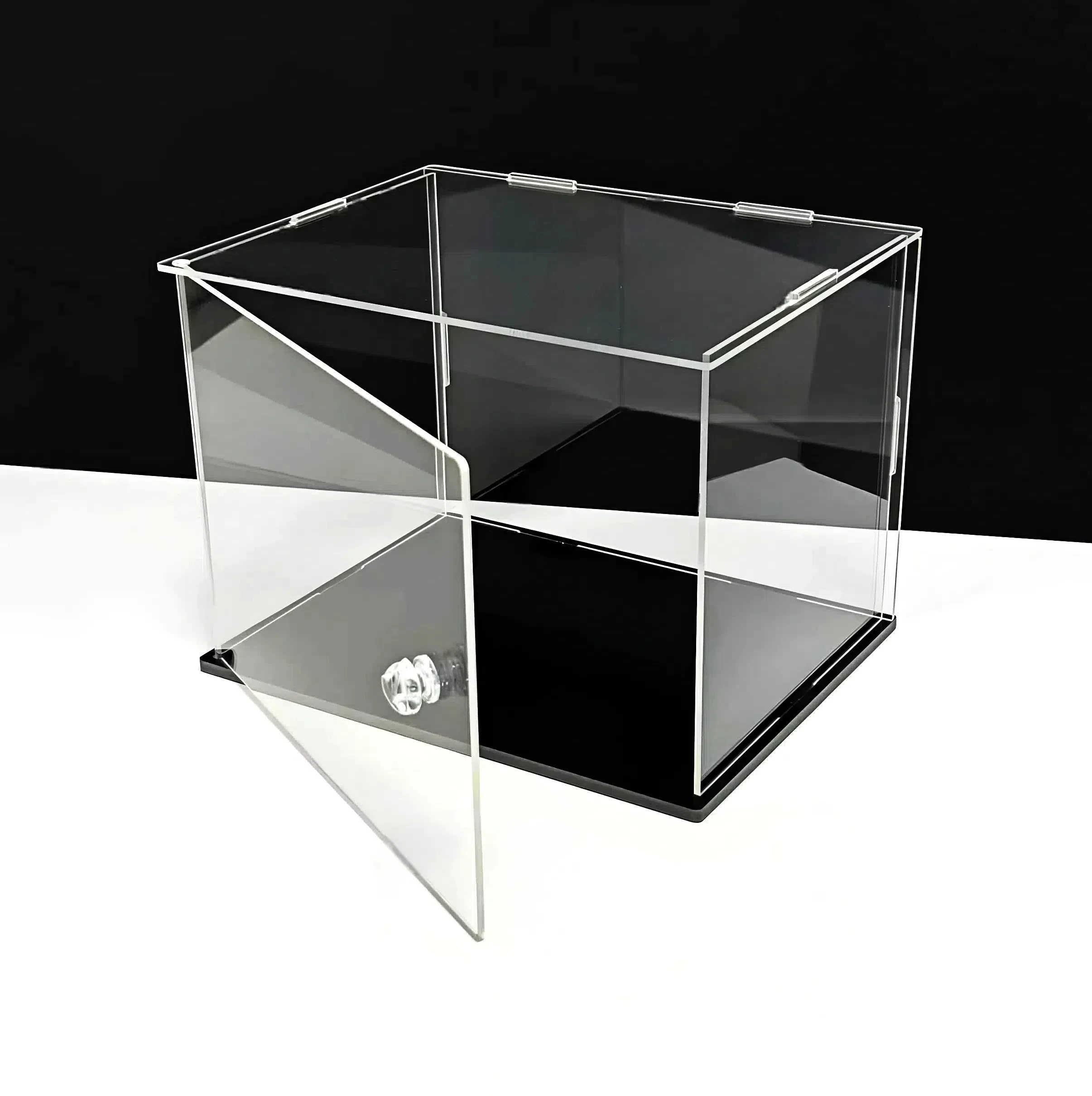 Présentoir en acrylique transparent 1 pièce, support de boîte d'affichage avec Base noire, avec porte, vitrine de Protection anti-poussière pour objets de collection