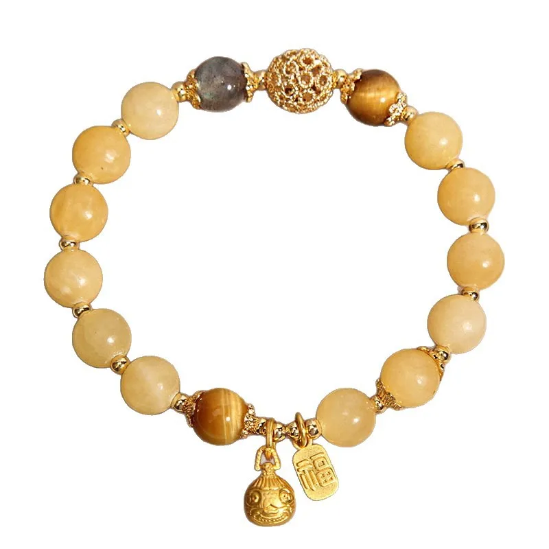 New Chinese Style Natural Topaz Crystal Bracelet for Women Light Luxury Retro Gold Swallowing Beast Bracelet Gifts