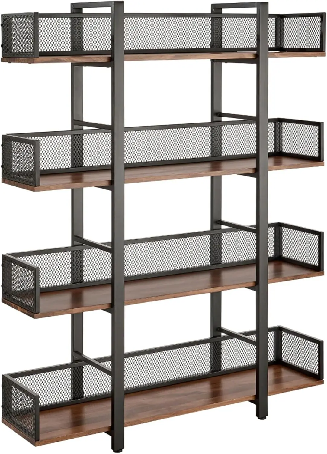 4 Tier Solid Pine Wood Industrial Bookshelf, Bookcase with Mesh Barriers for Bedroom, Office, Living Room, or Classroom, Black