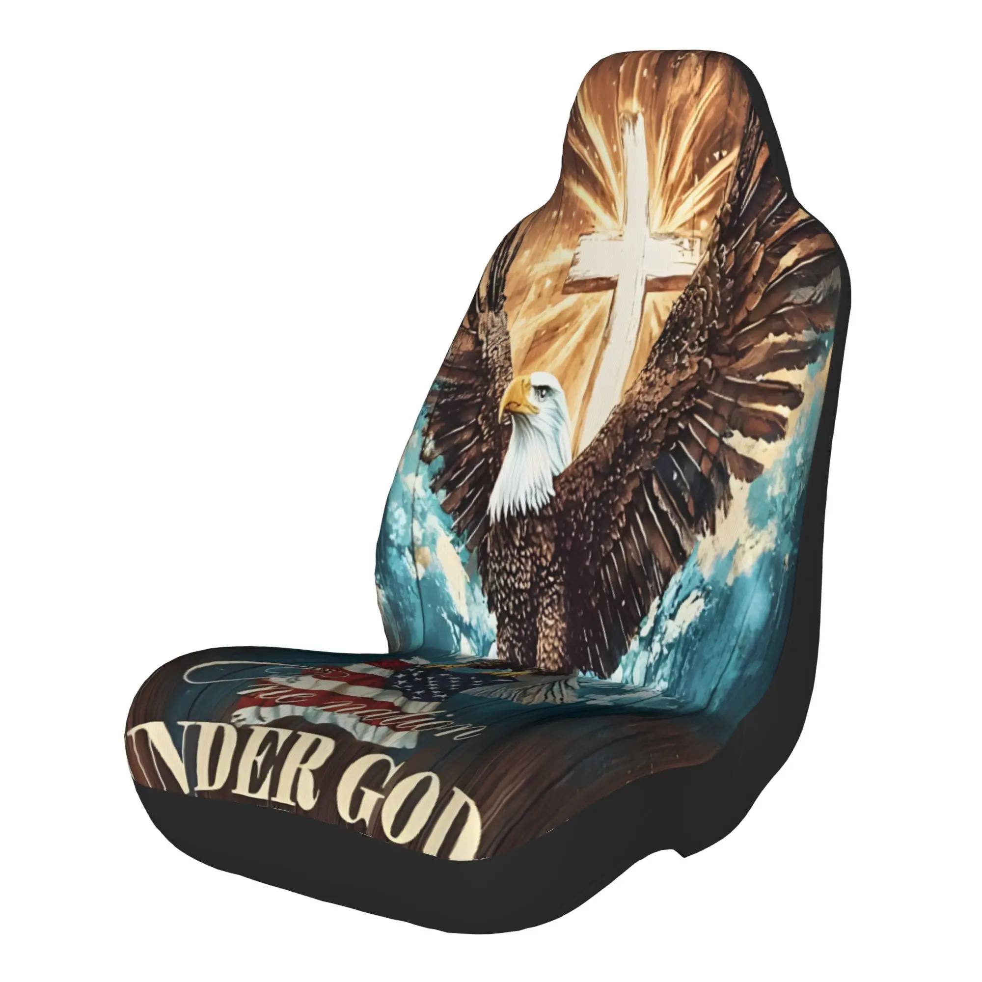 2pcs Patriotic Eagle & American Flag Car Seat Covers - One Nation Under God Design, Fit For All Vehicles, Durable Polyester, No-