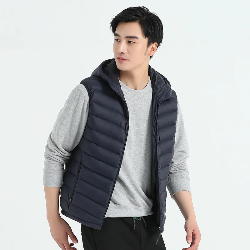 Jaket Hoodie tanpa lengan untuk pria, jaket Puffer bertudung tanpa lengan 2023, mantel Ultra ringan untuk pria musim gugur musim dingin 90%