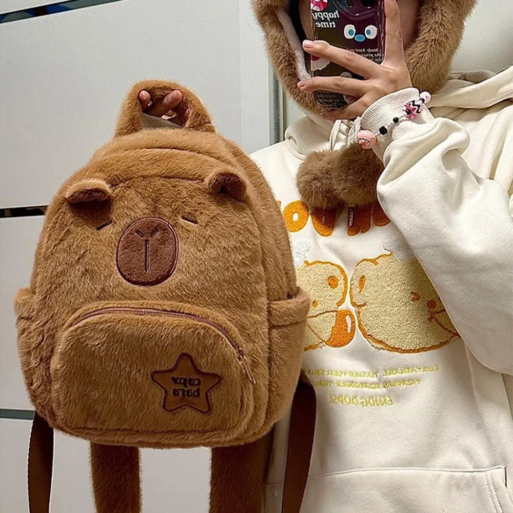 Capybara Shape Backpack Shoulder Bag Large Cute Plush Student Backpack Campus Crossbodu Bag Flip Bag Handbag Winter Cartoon