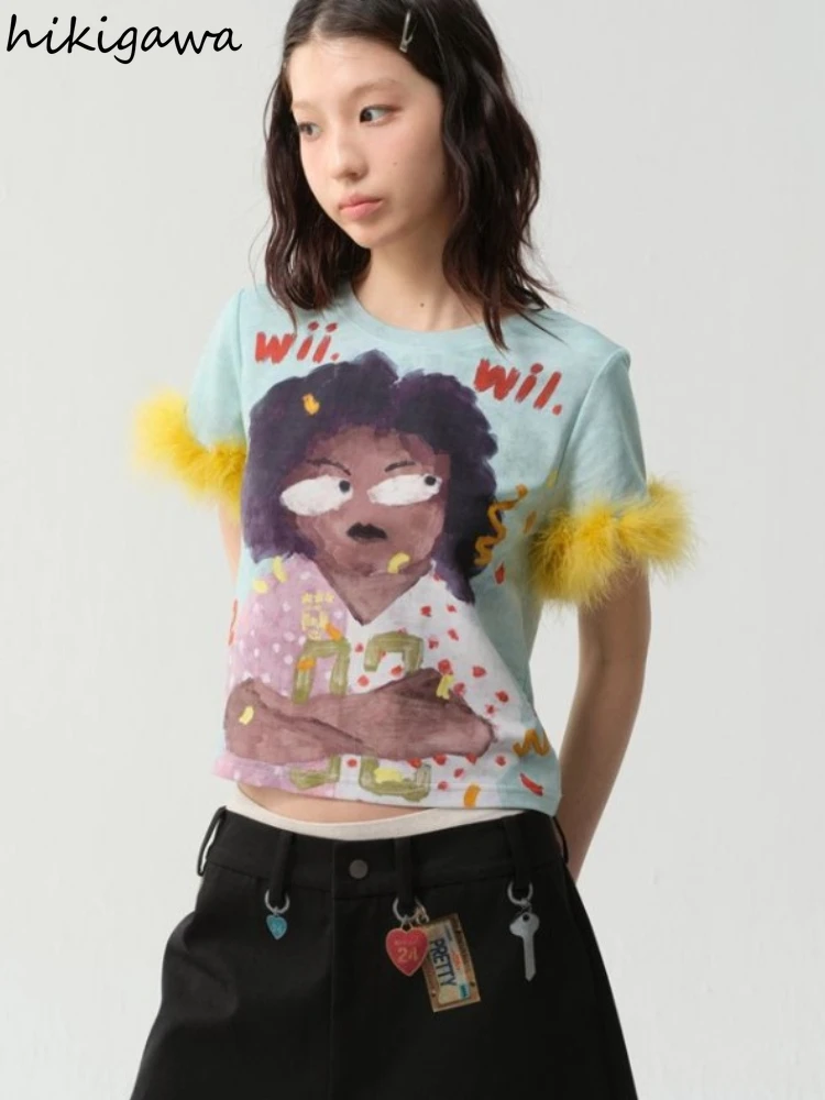 Women Clothing Patchwork Furry Woman T Shirts Y2k Tops Cotton Short Sleeve Tees Fashion Camisetas Casual Anime Print Chic Tshirt