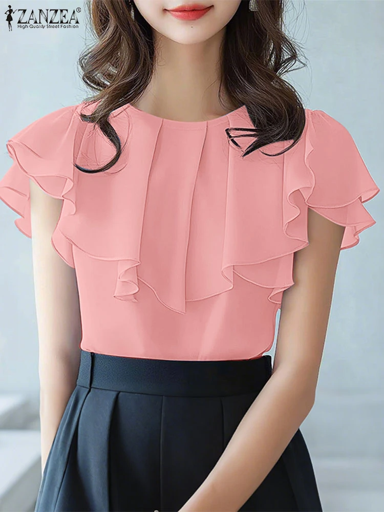 

ZANZEA Summer Layered Ruffles Blusas Mujer Elegant Solid Color O-Neck Womens Blouses Office Wear Ruffle Sleeves Chemise Femme