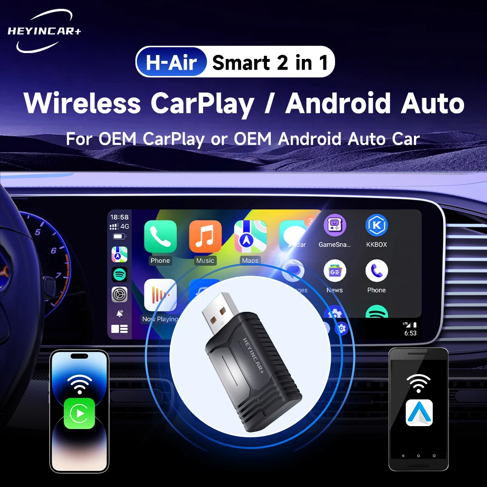 

New HEYINCAR 2 in 1 Wireless CarPlay Dongle Android Auto Adapter Quick Connect Smart AI Box Plug And Play For Wired CarPlay Cars