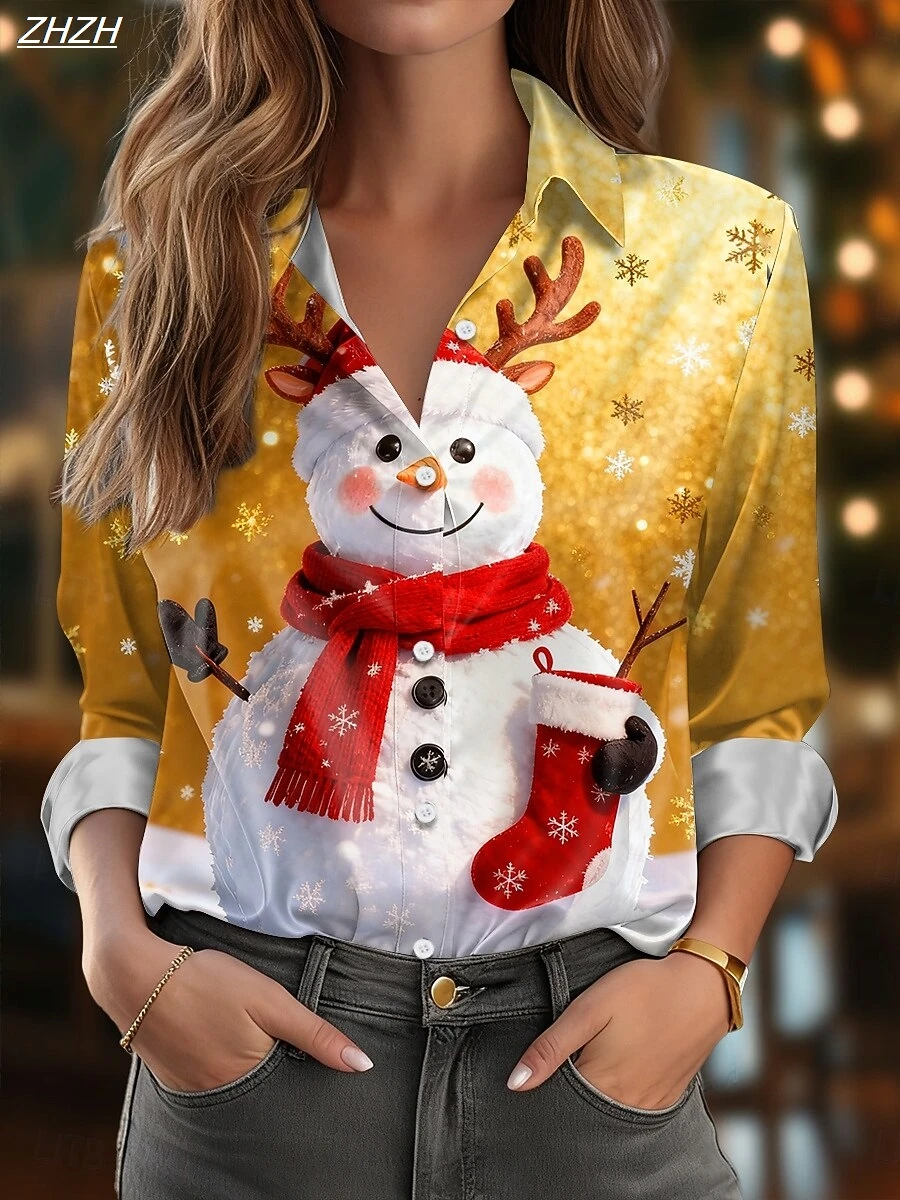 Christmas Women's Snowman Print Blouse, Elegant Shirt Collar Design, Vintage Holiday Office Wear, Fall Winter Work Daily Fashion