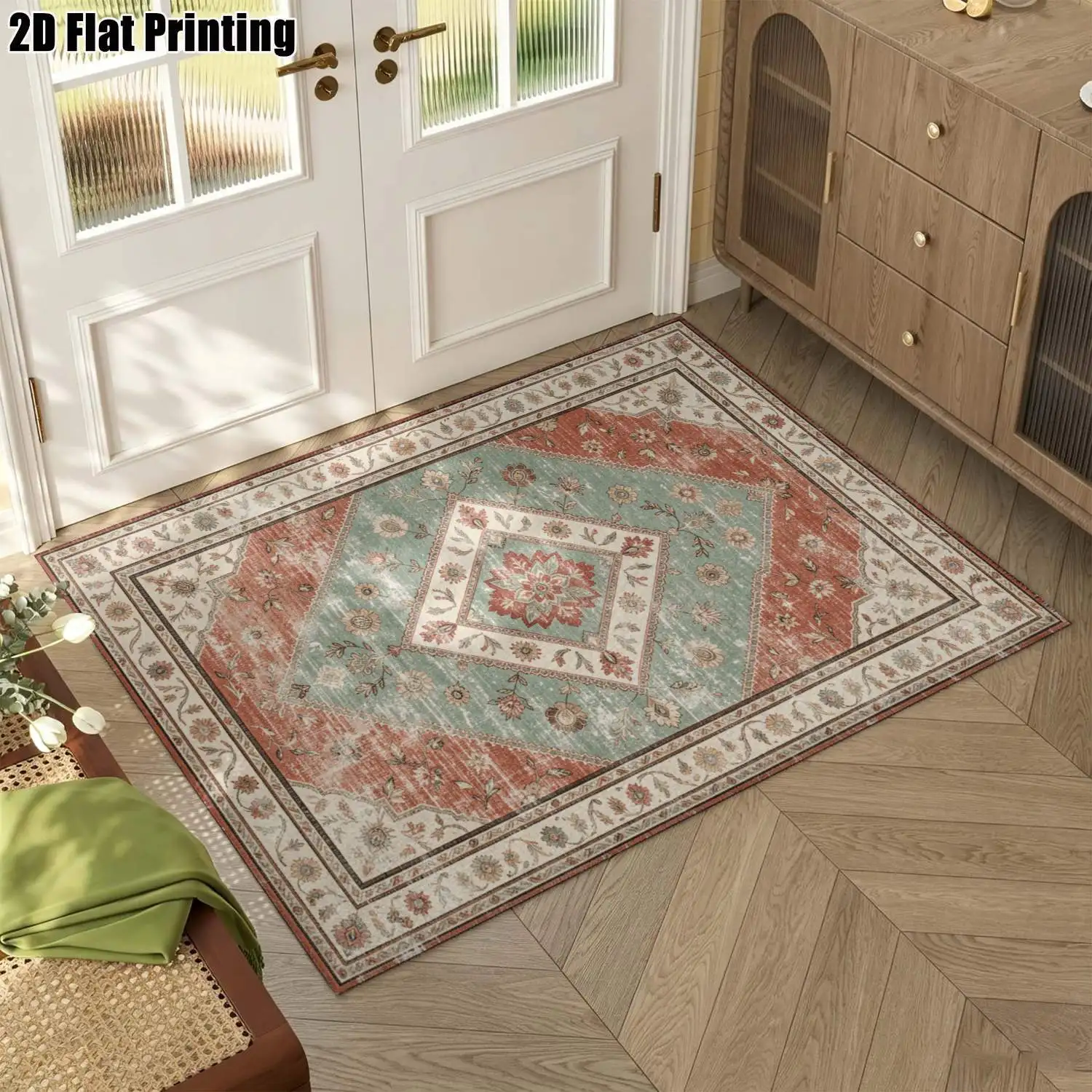 1Pc 2D Printed Retro Red-Blue Floral Geometric Carpet: Vintage, European/Bohemian Style, Multi-Size, Machine Washable, Ideal for Home Decor and Multi-Scene Use