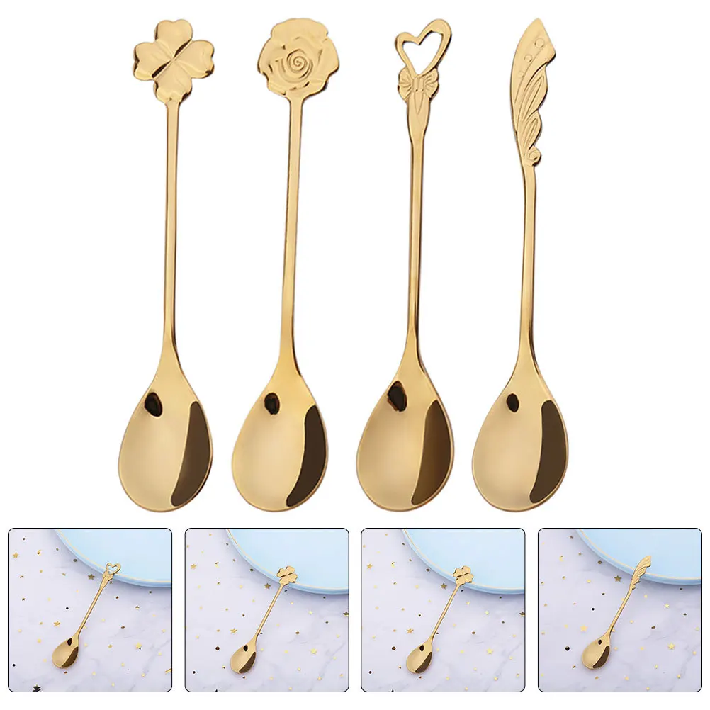 

4Pcs Delicate Stainless Steel Spoons Long Handles for Coffee Tea Ice Cream and Household Cake Mixing Coffee Spoons