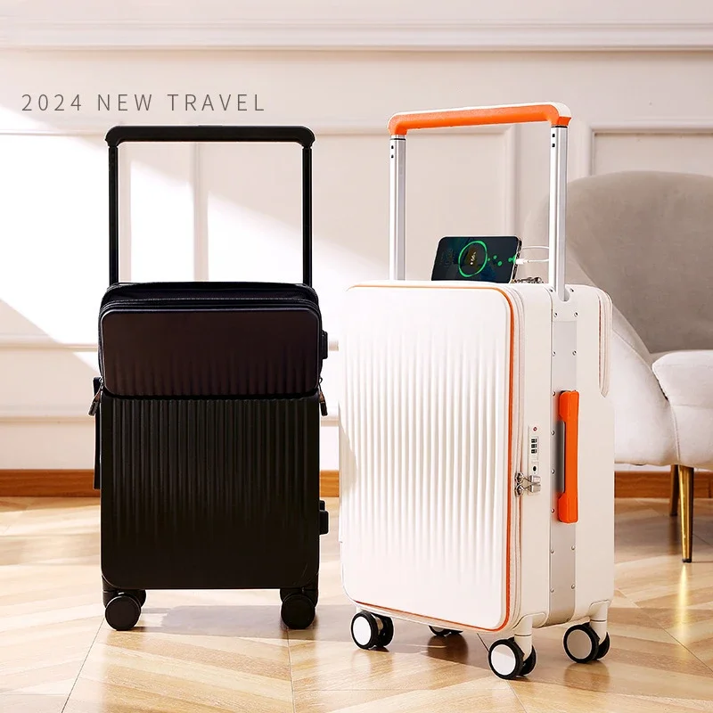 

Wide Tie Rods Multifunction Rolling Luggage Mute Wheel Carry on Luggage Trolley Case USB Charging Port Password Lock Suitcase