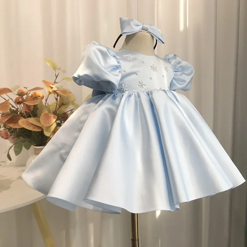 2025 Baby Girls Party Dress Blue Puff Sleeves Plain Ball Gowns Elegant Baptism First Birthday Dresses Beading Children Clothes