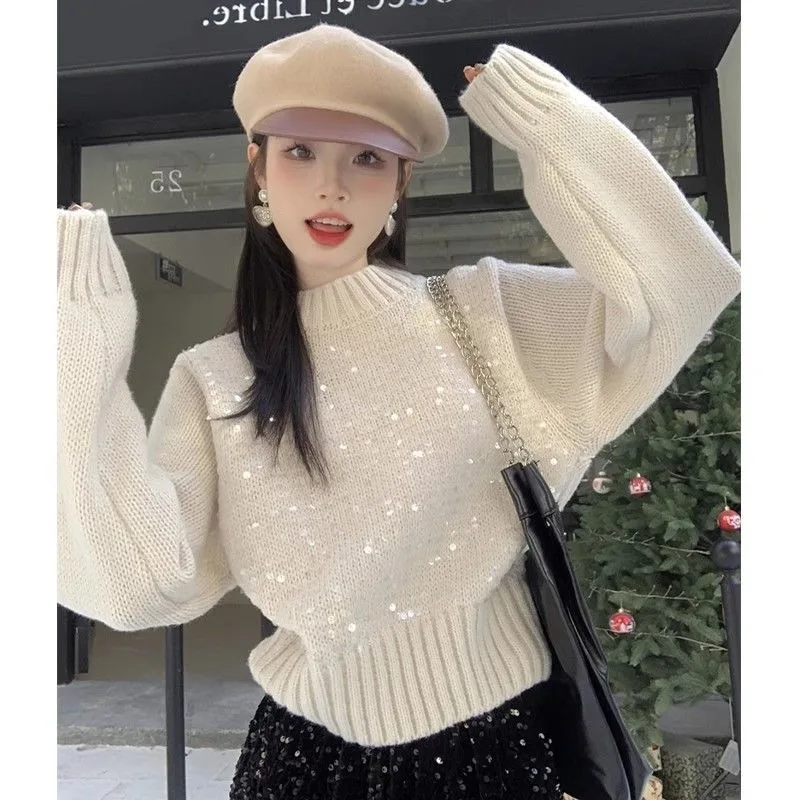 가을과 겨울 여성용 반터틀넥 시퀸 풀오버 스웨터