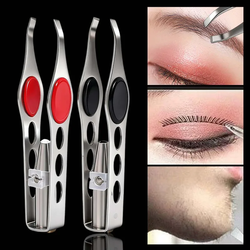 الفولاذ المقاوم للصدأ LED الملقط الرموش الصناعية الحاجب كليب الذكية تصميم الشعر إزالة الملقط ماكياج أداة زاوية طرف مدبب
