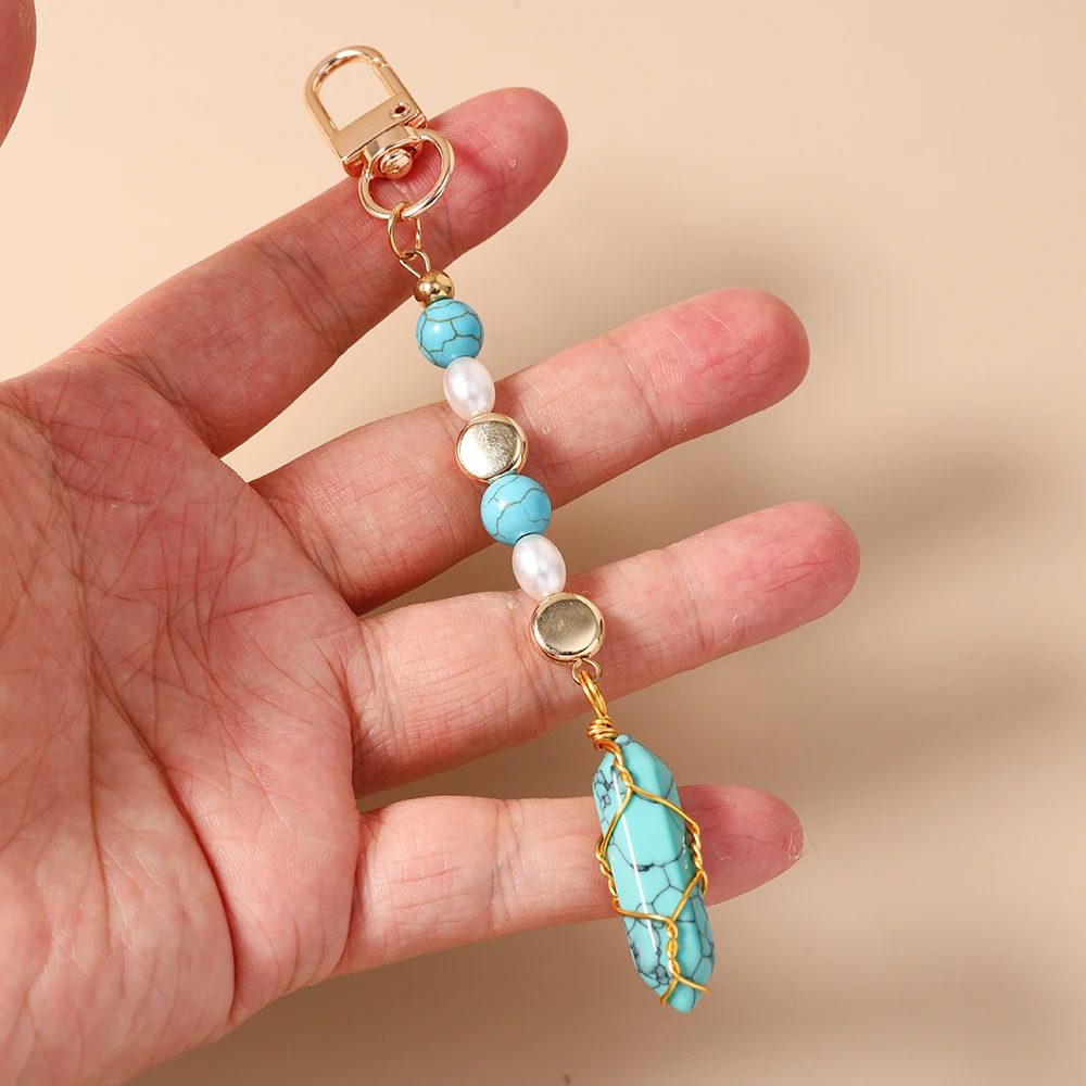 Aihua Hübscher Sechseckiger Säulen-Stein Schlüsselanhänger für Frauen und Mädchen Kugelförmiger Schlüsselring Anhänger für Handtaschen-Deko DIY Handgemachter Schmuck – Detail 3