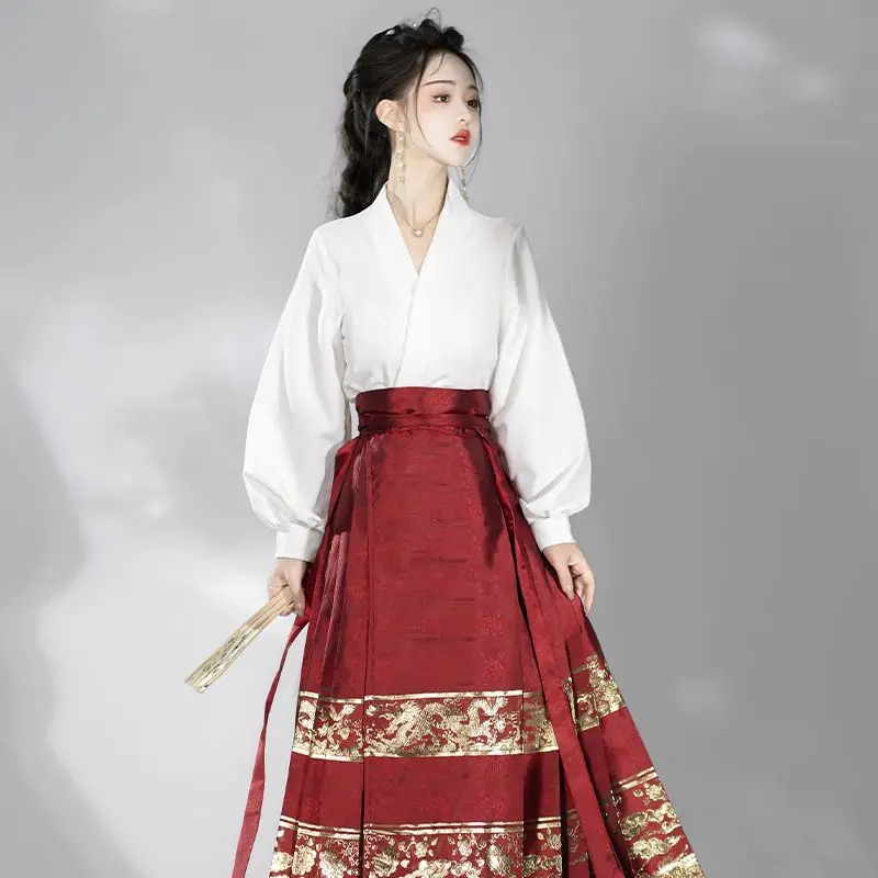 MaMian Qun Ming Dynasty gonna a forma di cavallo Vintage cinese tradizionale antico Hanfu vestito da donna moderno Set abbigliamento quotidiano