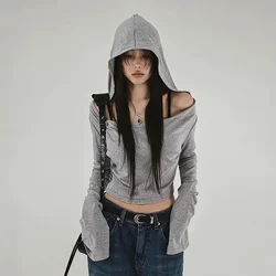 Y2k Aesthetic Hooded Tshirts Women Long Sleeve Crop Top Slim Fit Off Shoulder Tees Casual Streetwear Grunge T Shirt 2024 Sexy