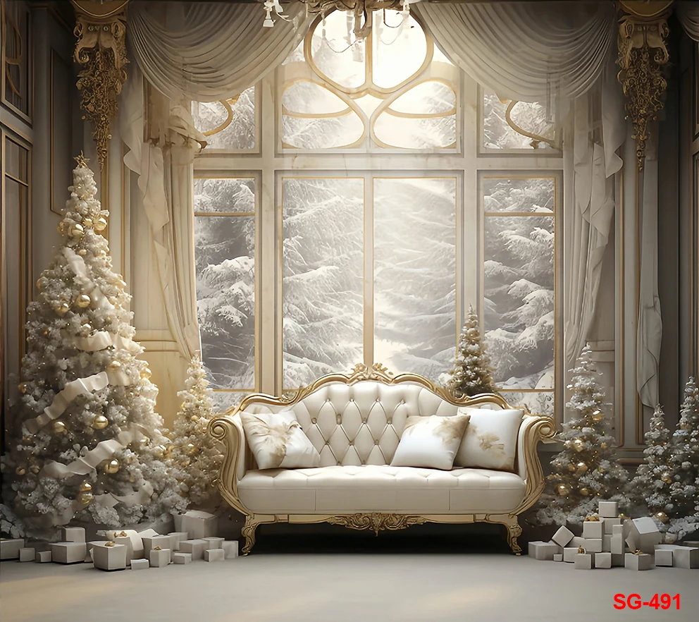 Sofa dalam ruangan, untuk Fotografi Latar Belakang musim dingin pohon Natal Vintage jendela dalam ruangan anak-anak keluarga pesta potret dekorasi latar belakang