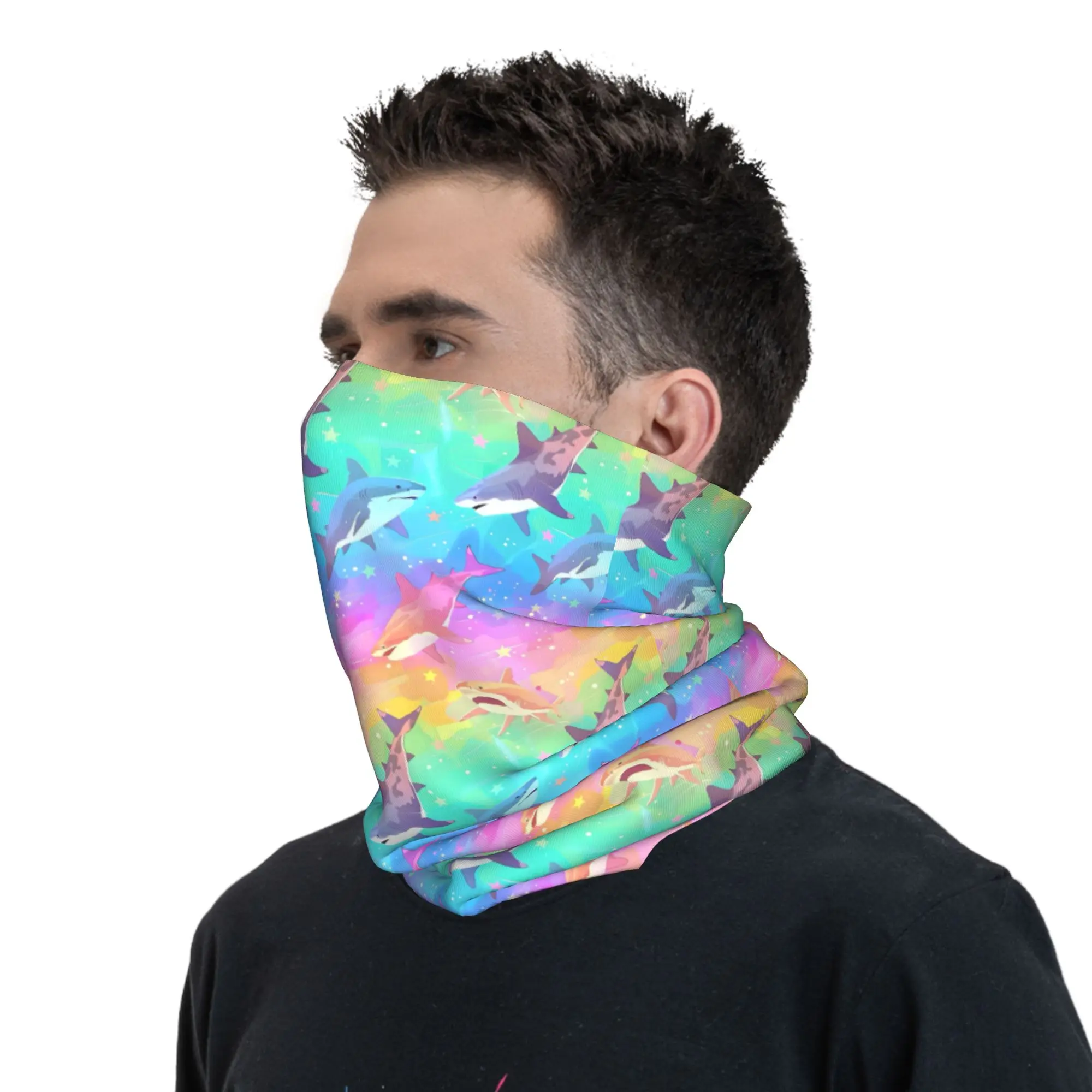 Custom Blue Watercolour Shark Bandana Neck Gaiter for Ski Camping Women Men Wrap Scarf Cartoon Ocean Animal Headband Warmer view 6