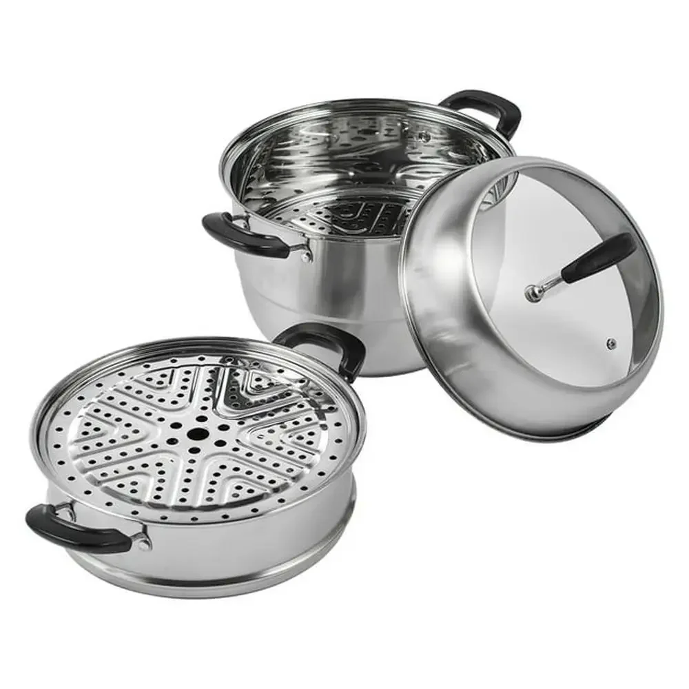 11-inch Stainless Steel Triple-Layered Steamer Pot Set with 8.5QT Stock Pot and 2 Steaming Trays Multi-Stove Versatile Cooking