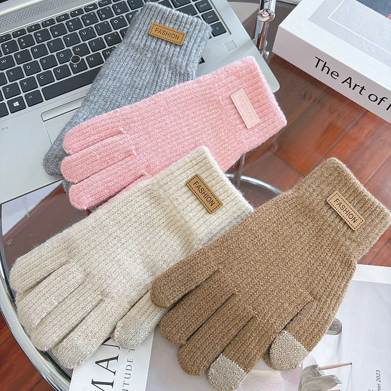 1 Pair Women Men Warm Winter Touch Screen Cycling Gloves Knitted Mittens Full Finger Touch Screen Female Crochet Non-slip Glove