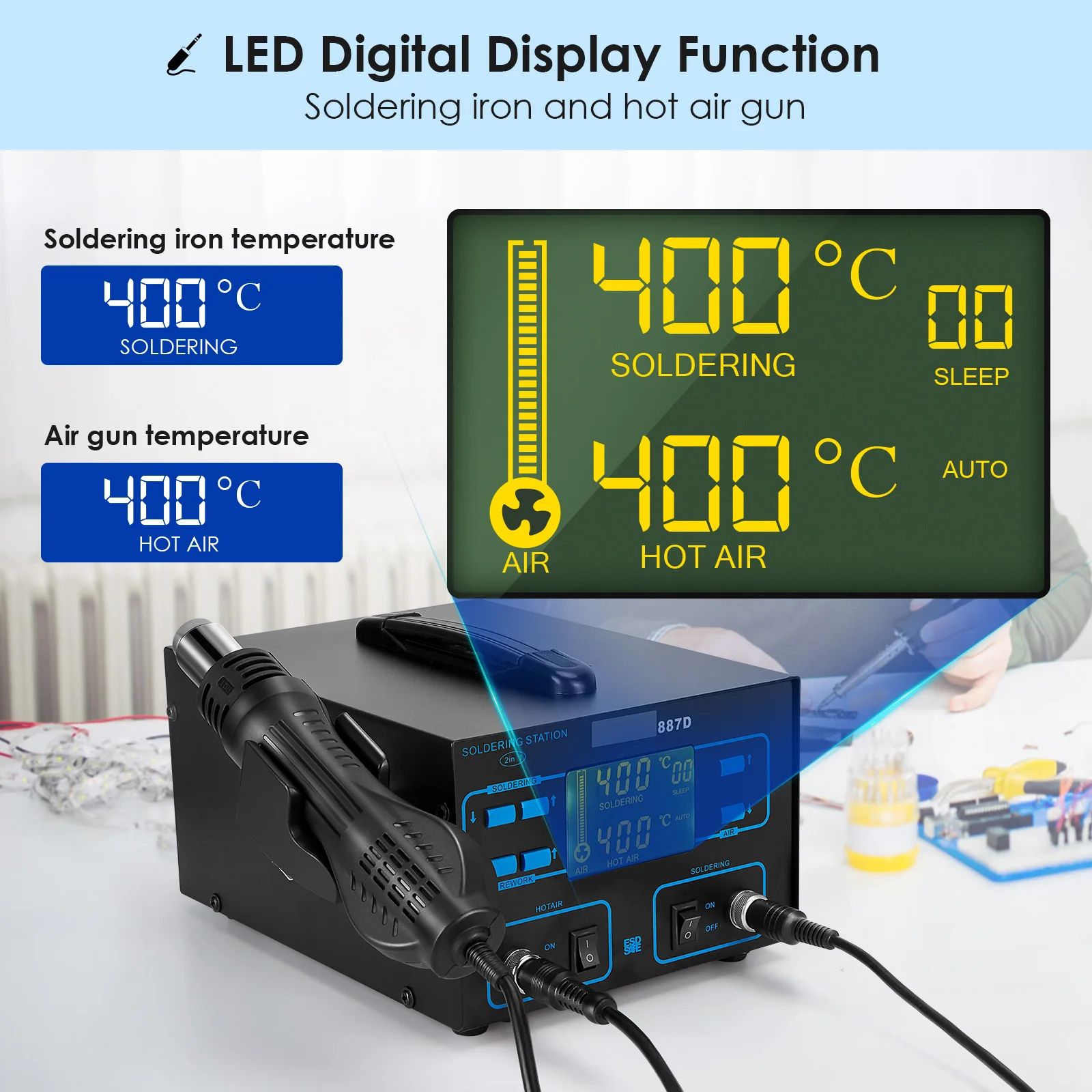 2 IN 1 750W เครื่องเชื่อมเหล็ก Hot Air อุปกรณ์เชื่อมสายไฟ DIY ดิจิตอล Rework Station ซ่อม BGA SMD บัดกรีเครื่องมือเชื่อมสถานี