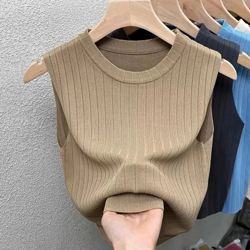 

Ice Silk Vest with Straps Short Style Wearable Outside New Round Neck Sleeveless Knitted All-match Summer Popularity Top