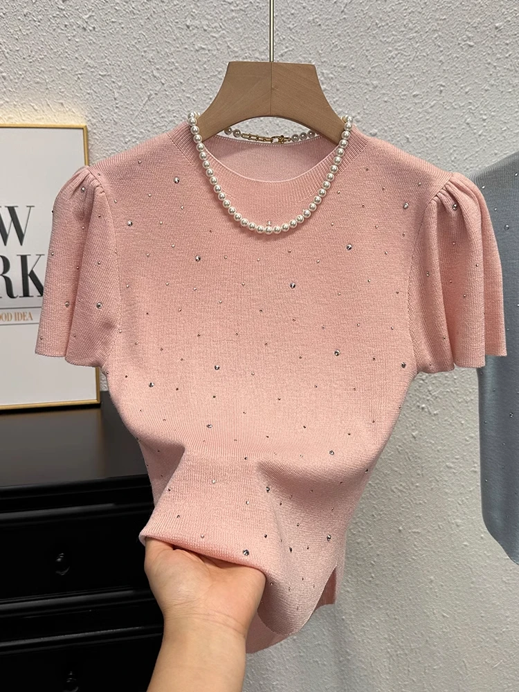 

Ele White Rhinestone ort Sve Вязаная футболка женская летняя новая дизайнерская корейская облегающая футболка круглого цвета Ne Top