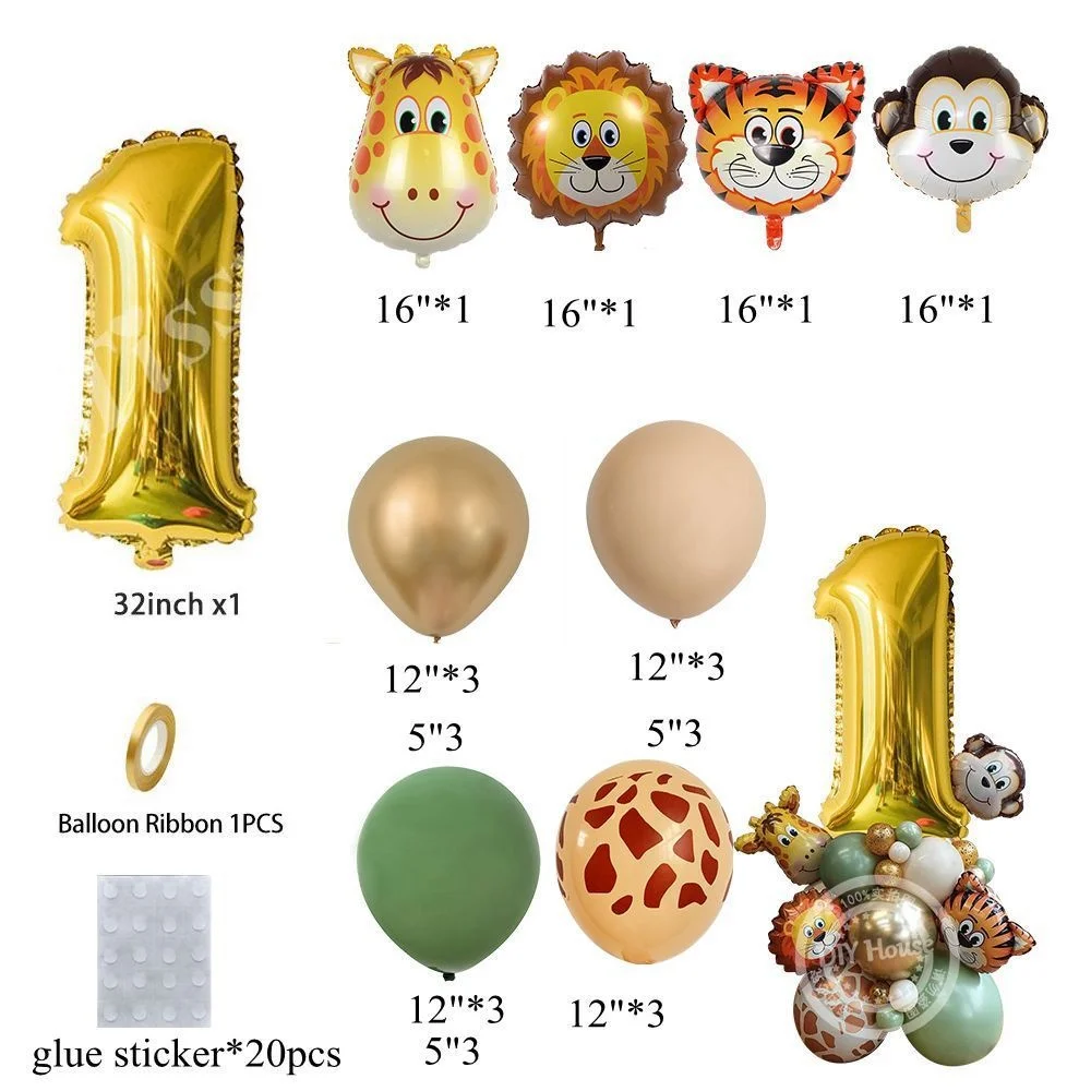 Wild Animal Balloon Tower with Gold 1-9 Number Balloon for Boy's Jungle Safari Birthday Party Decoration Forest Party Supply