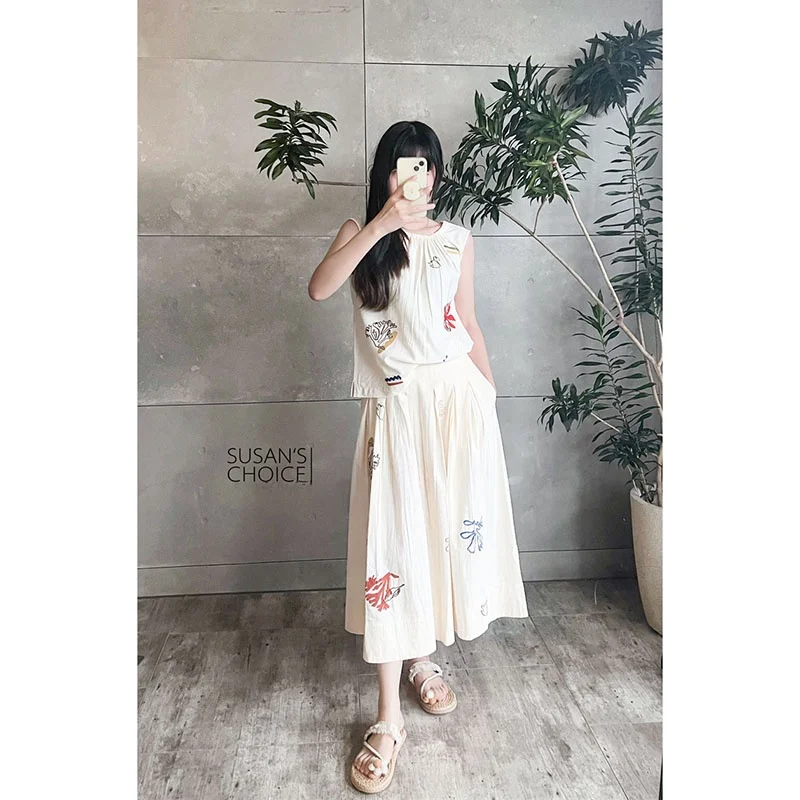 

Susan Faion Casual Retro Loose Women's Vest Skirt Set Floral Embroidery Print Casual Spring Cotton Two-Piece Outfit