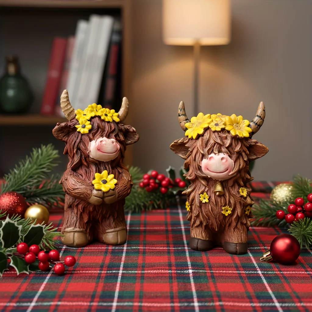 Resin Highland Cow Figurine Cute Flower Wreath Scottish Cow Statue Christmas Home Tabletop Ornament Desktop Decor Holiday Gift