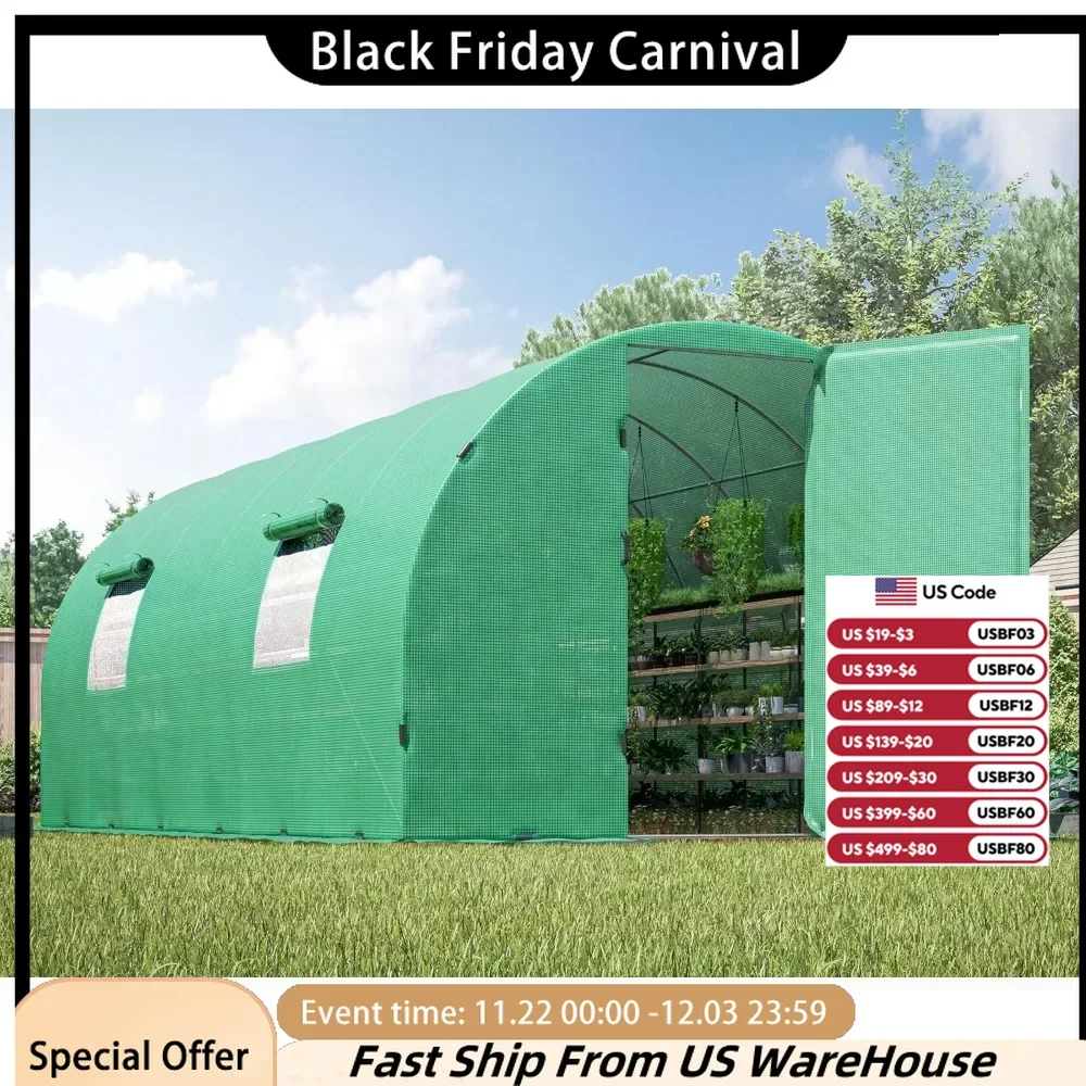 Outdoor Greenhouse, Heavy Duty Galvanized Steel Frame Tunnel Greenhouse Kit, Reinforced PE Cover & Film Clip, 20x10x7.5