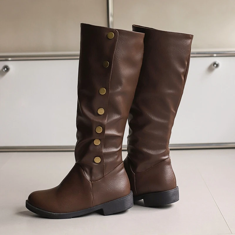 

SIMLOVEYO Женские сапоги Женские сапоги до колена Party Bota из искусственной кожи Mortorcycle Ridding со сложенным каблуком на пуговицах, большой размер 48 US17