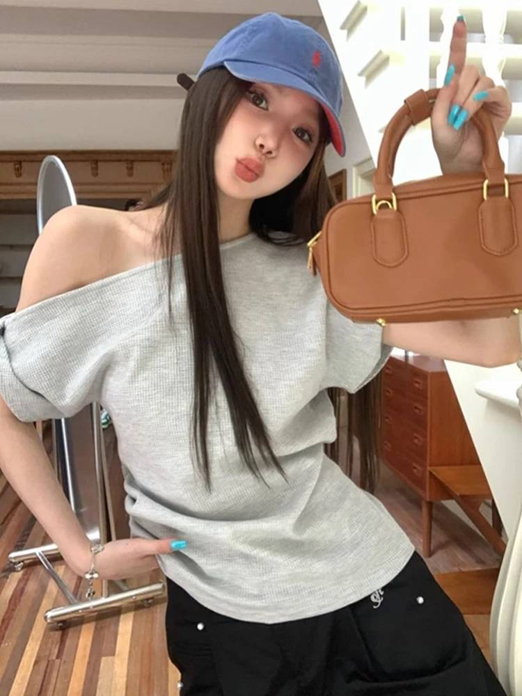 Loose Fit ey oulder Bared ort Sve Camiseta Feminina Verão Design Casual Top Solto Confortável Lazer Sle Commute F...