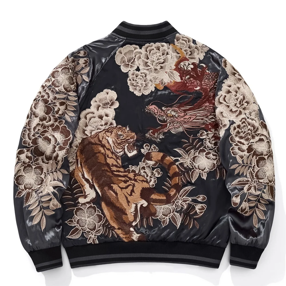 Japanese Souvenir Jacket Men - Tiger Dragon Embroidery Bomber Coat Vintage Streetwear Baseball Jacket