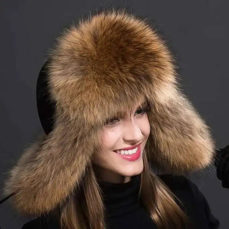 Winter Real Raccoon Fur Hat Natural Fur Bomber Hat With Ear Flaps For Women winter Skiing Hat Outdoor Earflap caps Thick Fur Hat