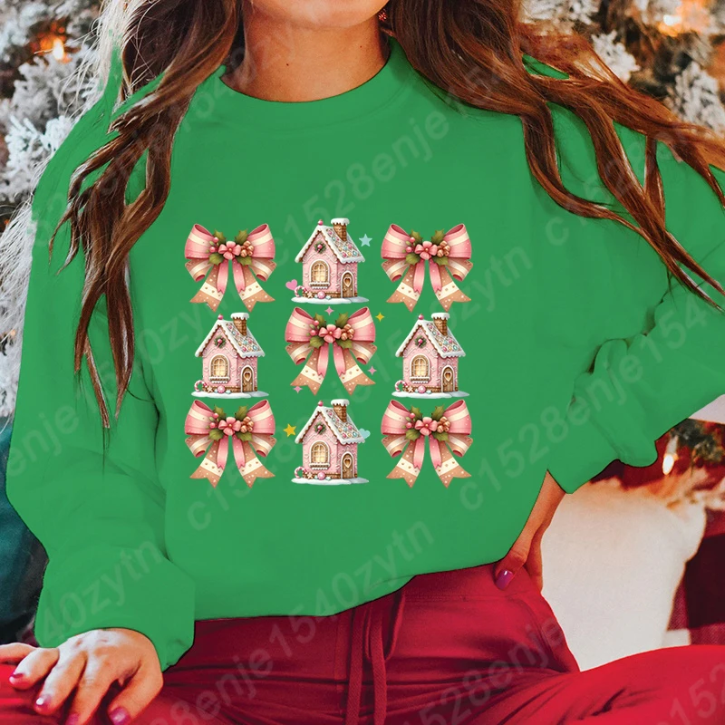 Hoodless Sweatshirt New Women Tops Christmas Bow Gingerbread House Print Round Neck Pullovers Ladies Casual Solid Color Pullover