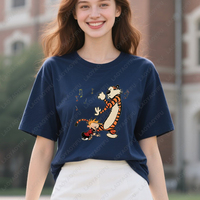 Vintage Calvin and Hobbes Comic Strip Graphic Tees Classic Cartoon Duo Singing Dancing Scene Print Tops Cotton Men Women TShirt